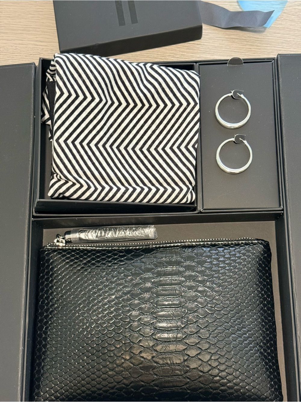 Black Textured Pocket Square Set with Silver Hoops